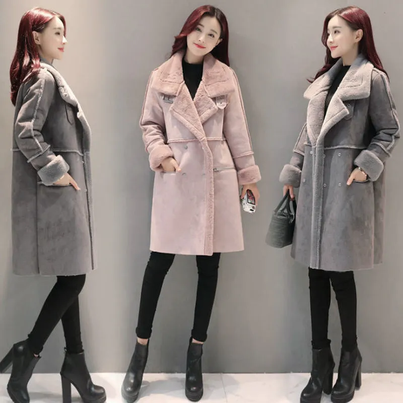 2017 Winter Women Faux Lambs Wool Outerwear Female Long Thick Shearling Coats Double Breasted Faux Suede Leather Jackets H161