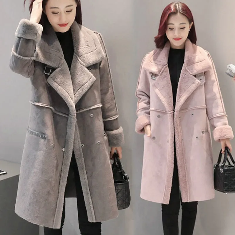 2017 Winter Women Faux Lambs Wool Outerwear Female Long Thick Shearling Coats Double Breasted Faux Suede Leather Jackets H161