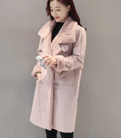 2017 Winter Women Faux Lambs Wool Outerwear Female Long Thick Shearling Coats Double Breasted Faux Suede Leather Jackets H161