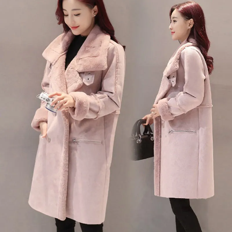 2017 Winter Women Faux Lambs Wool Outerwear Female Long Thick Shearling Coats Double Breasted Faux Suede Leather Jackets H161