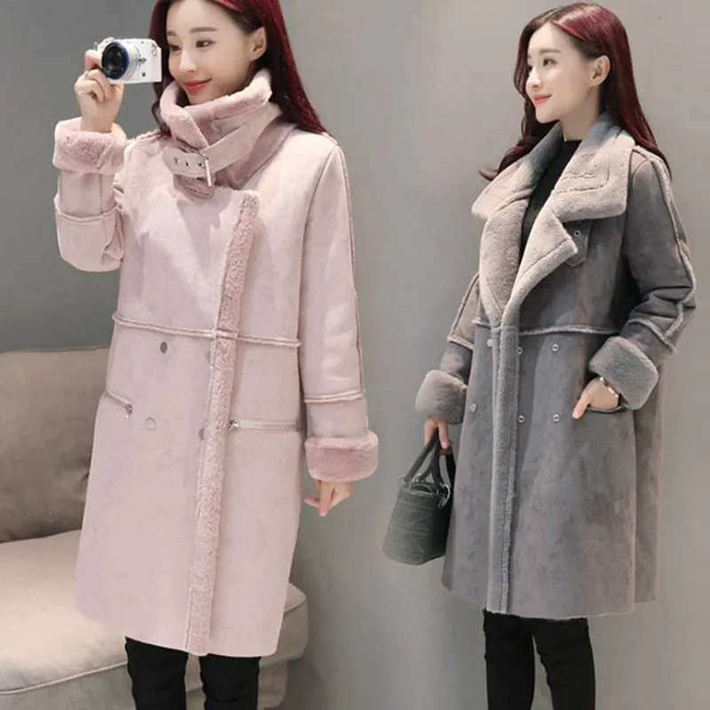 2017 Winter Women Faux Lambs Wool Outerwear Female Long Thick Shearling Coats Double Breasted Faux Suede Leather Jackets H161