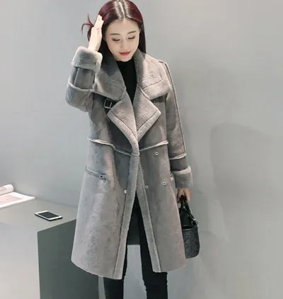 2017 Winter Women Faux Lambs Wool Outerwear Female Long Thick Shearling Coats Double Breasted Faux Suede Leather Jackets H161