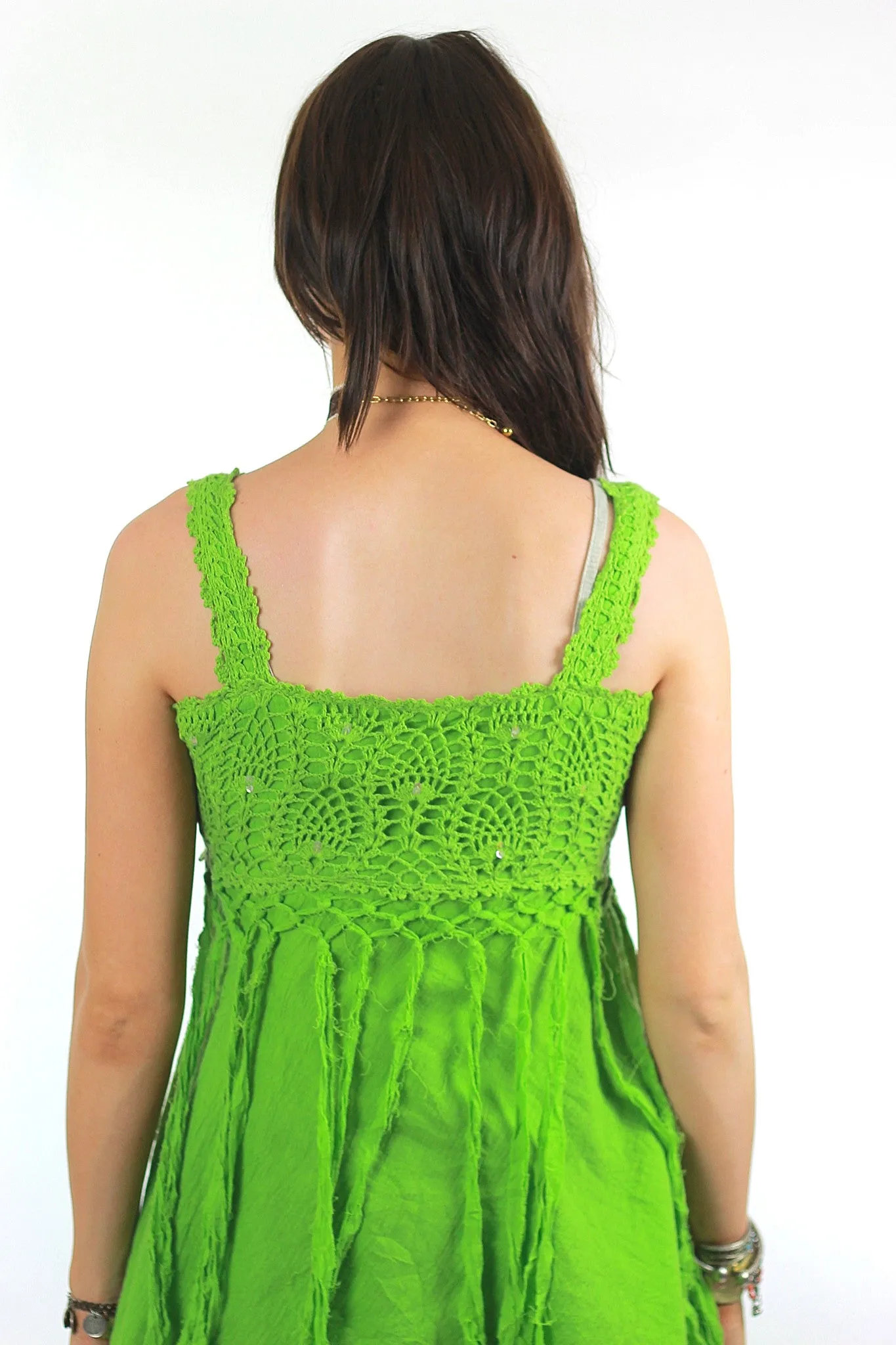 90s Boho crochet lace gauze dress fringe trim