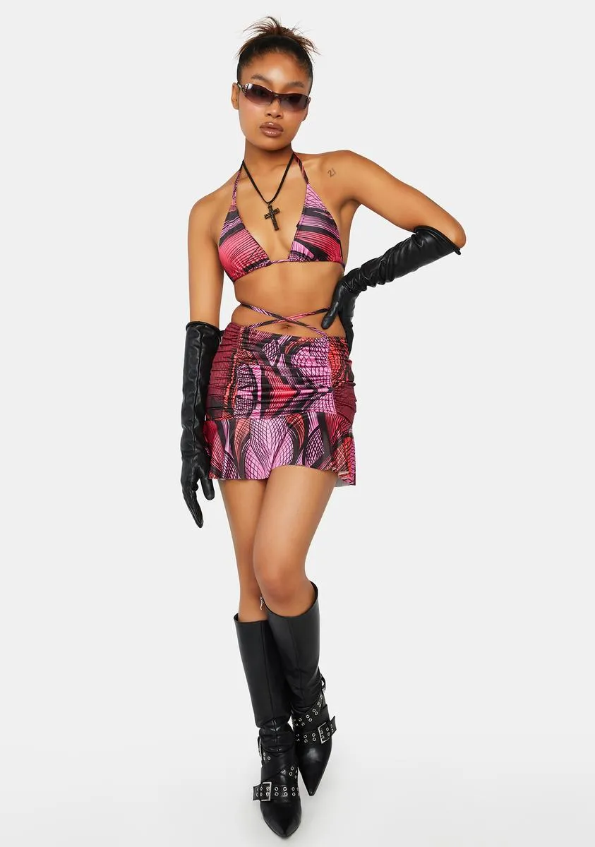 Abstract Printed Ruched Frill Hem Skirt