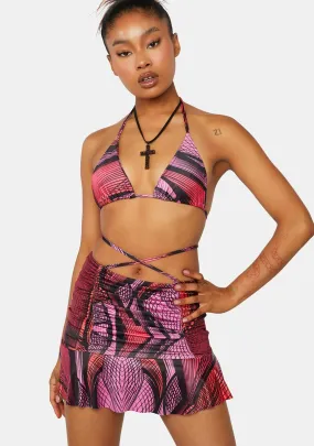 Abstract Printed Ruched Frill Hem Skirt