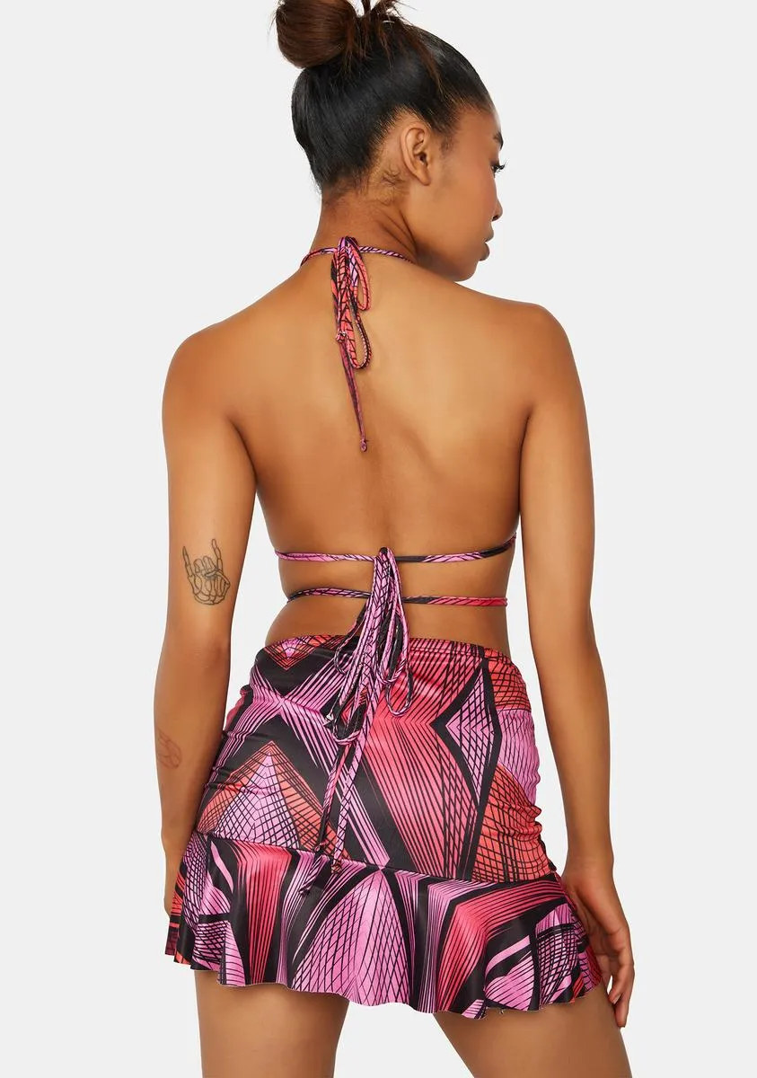 Abstract Printed Ruched Frill Hem Skirt
