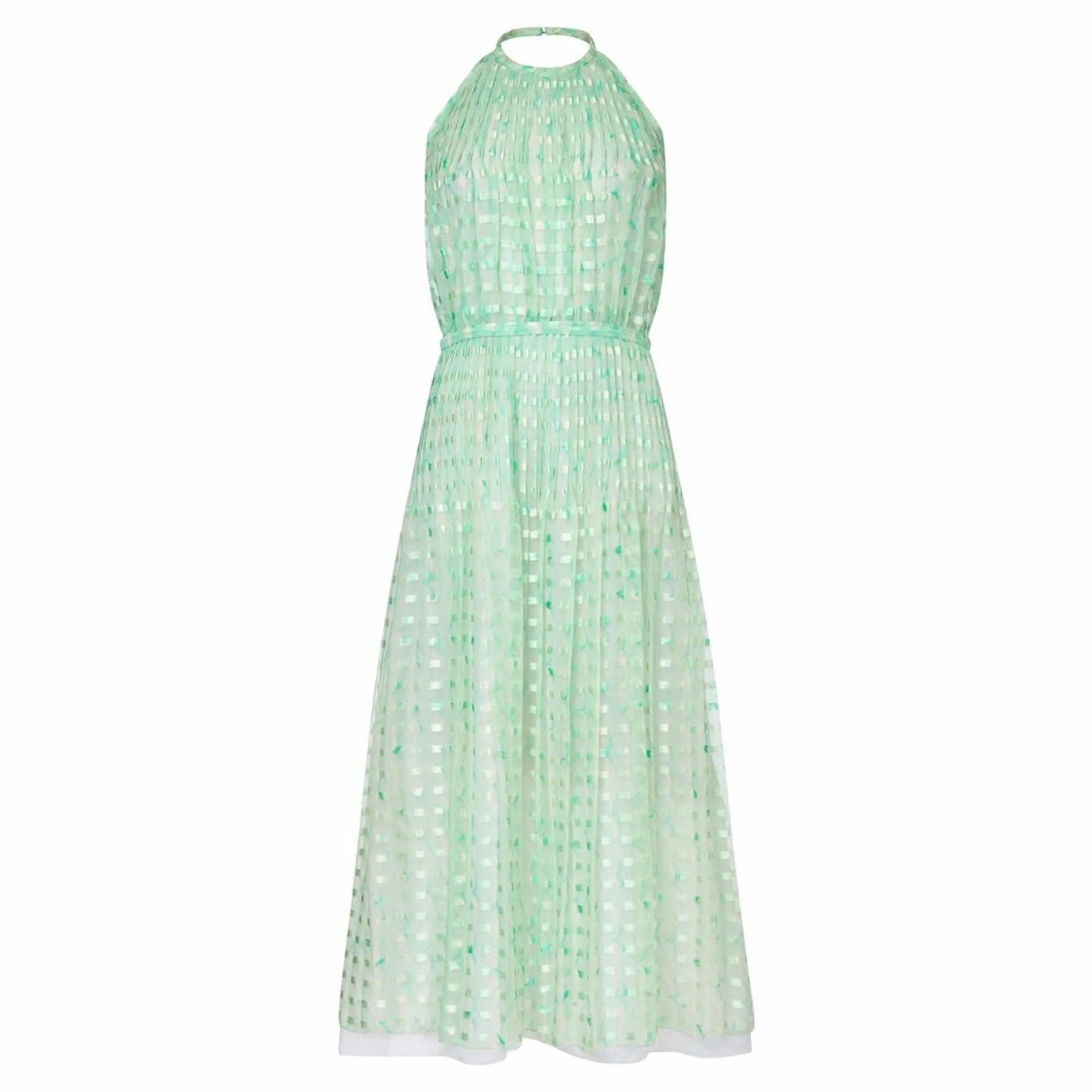 ARCHIVE - Courrèges 1970s Silk Chiffon Aquamarine Halter Neck Pleated Maxi Dress