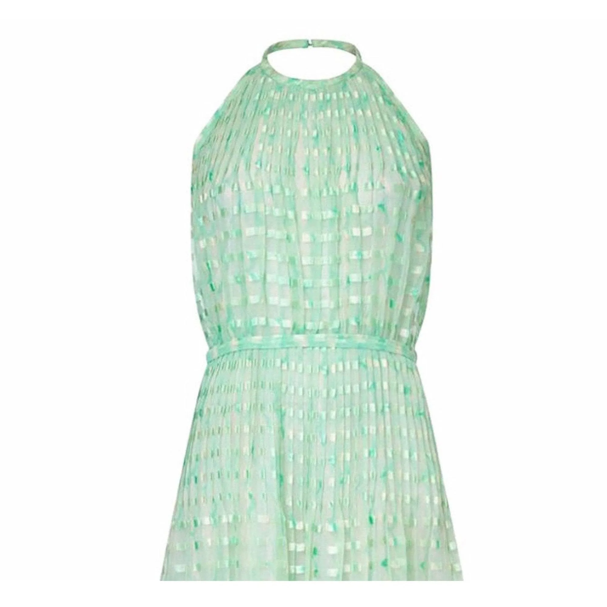 ARCHIVE - Courrèges 1970s Silk Chiffon Aquamarine Halter Neck Pleated Maxi Dress