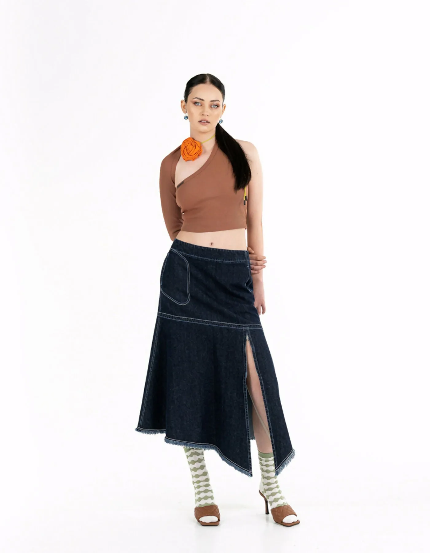 Asymmetric blue denim skirt