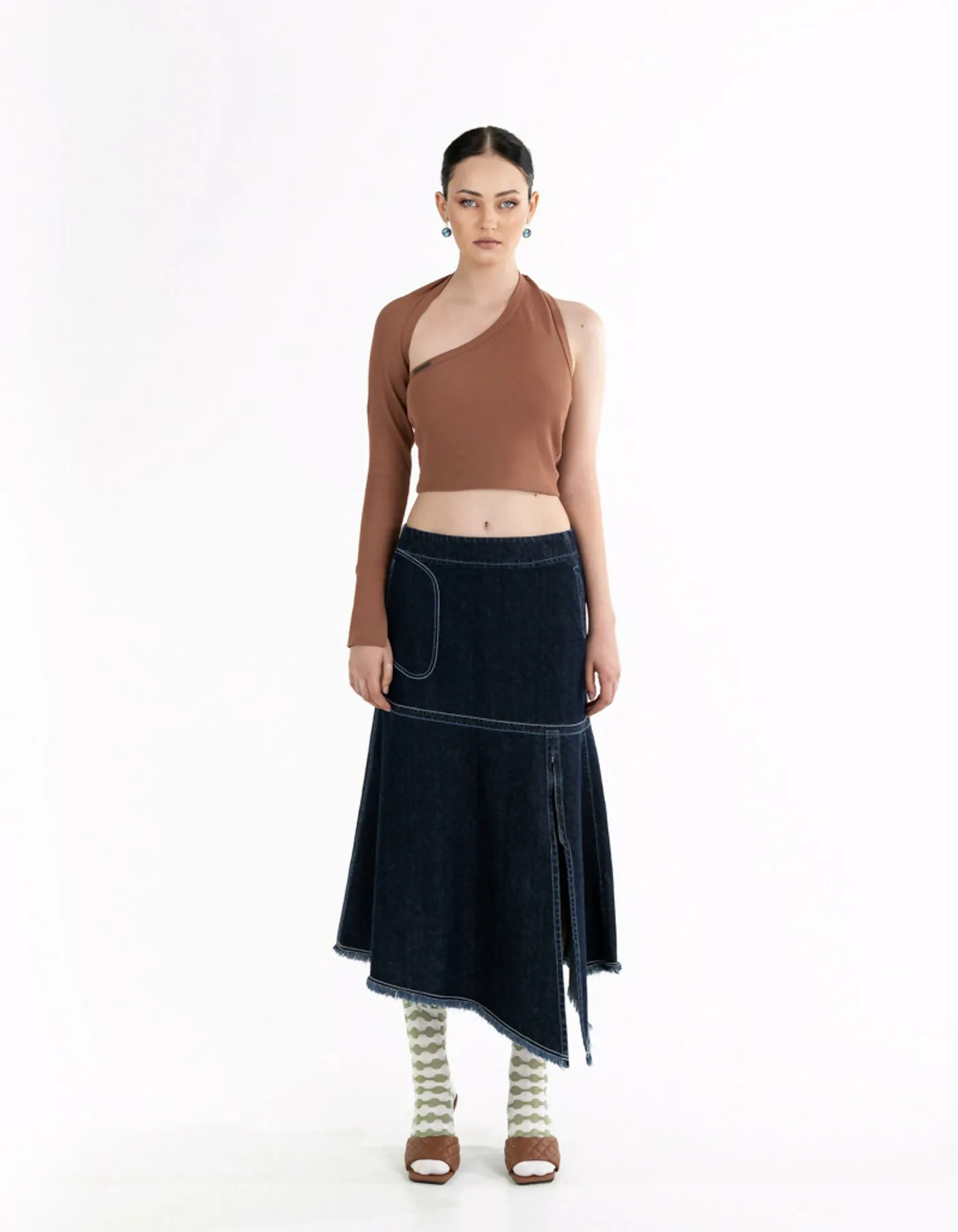 Asymmetric blue denim skirt