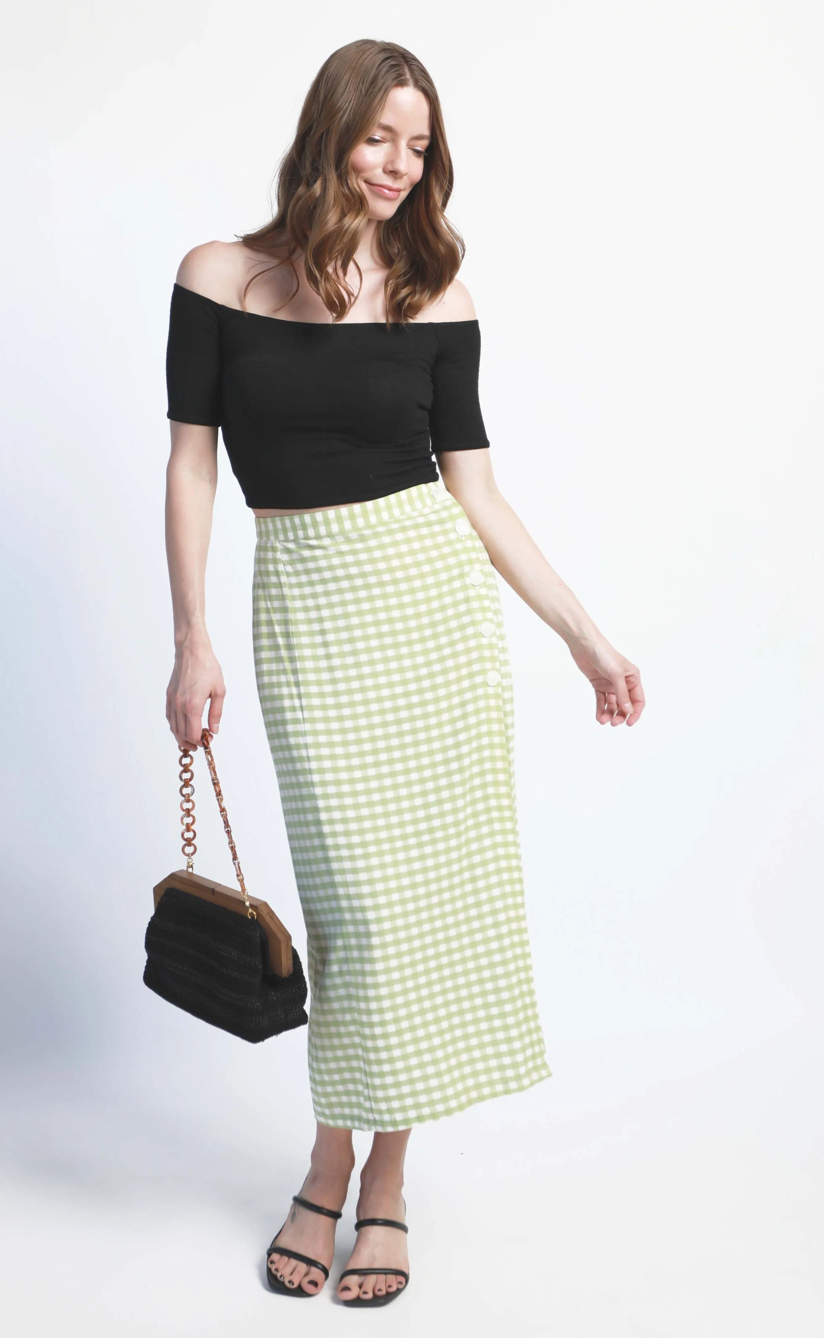 Bamboo slim midi skirt - green gingham