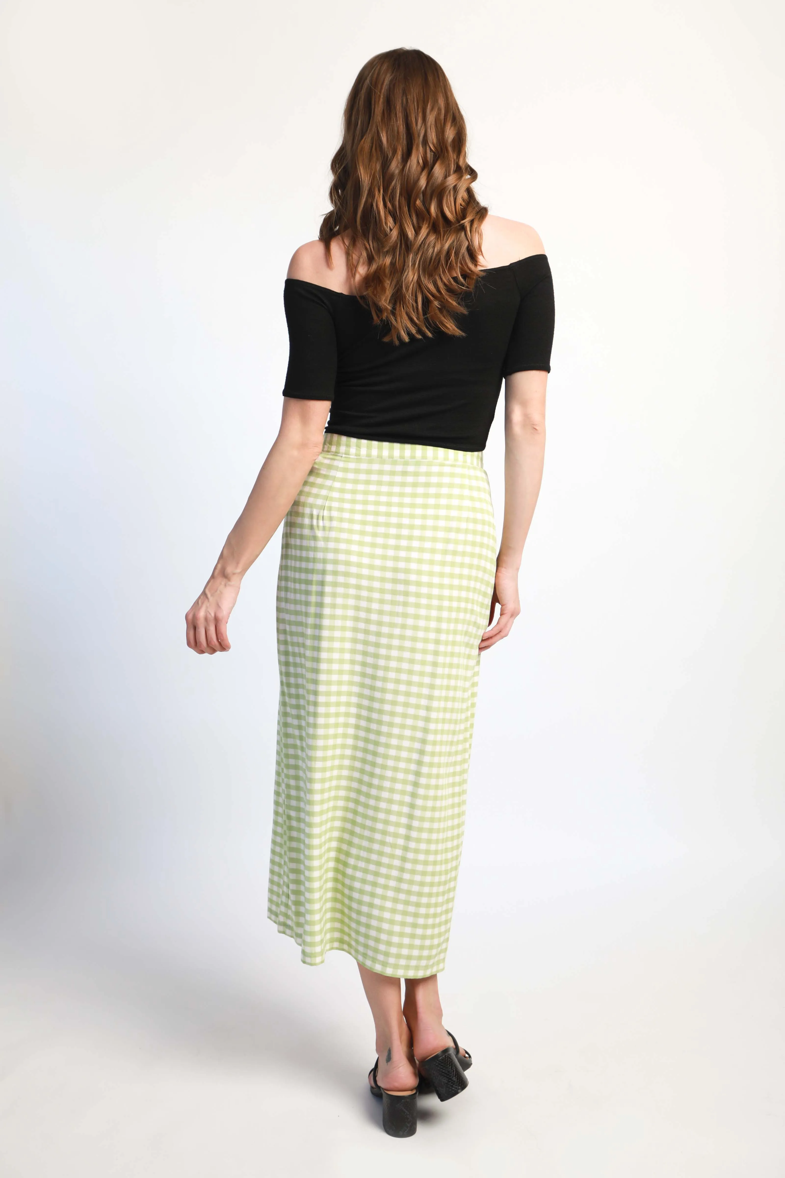 Bamboo slim midi skirt - green gingham