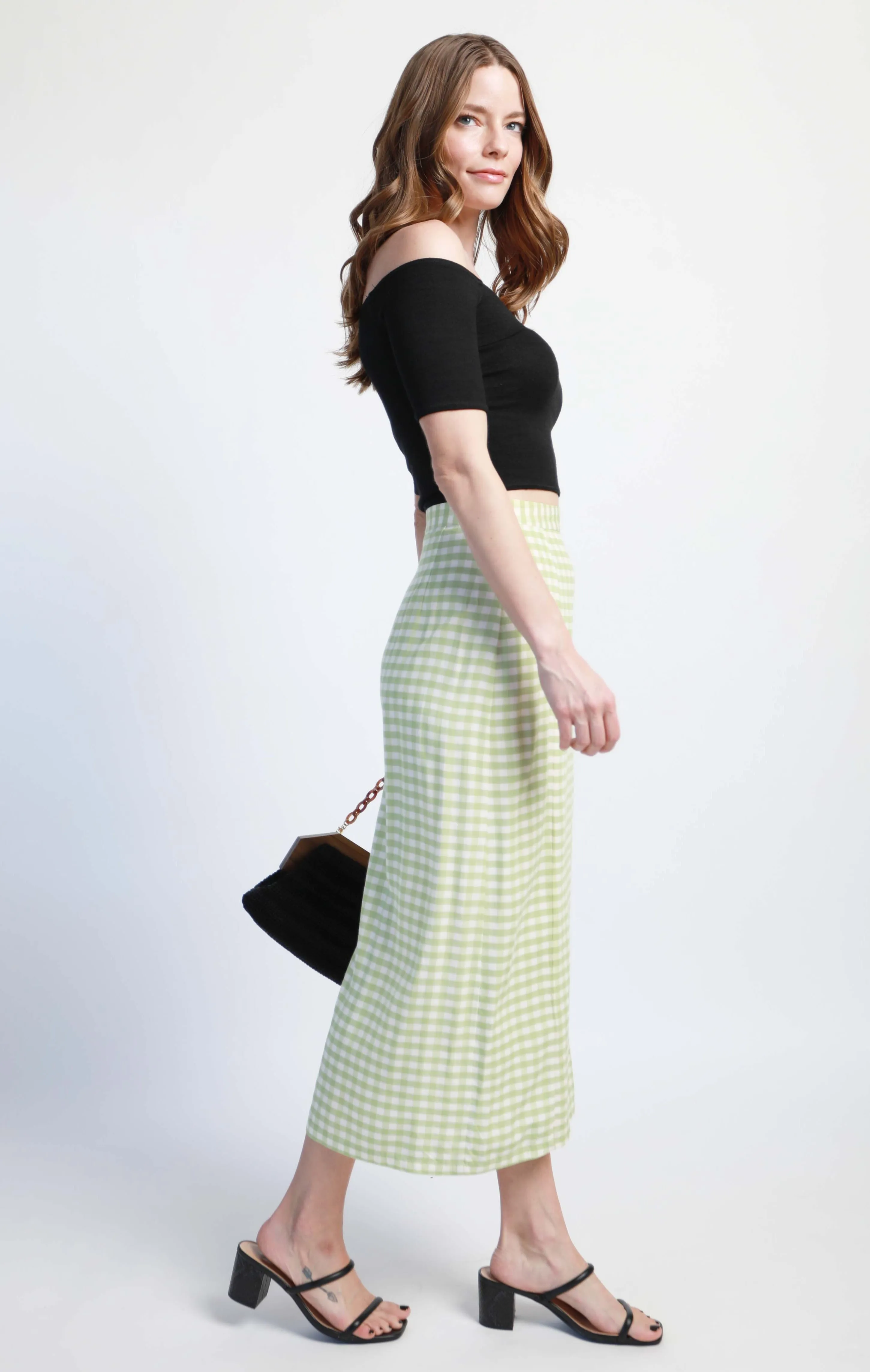 Bamboo slim midi skirt - green gingham