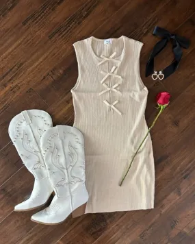 Beige Coquette Ribbed Knit Bow Detail Sleeveless Bodycon Dress