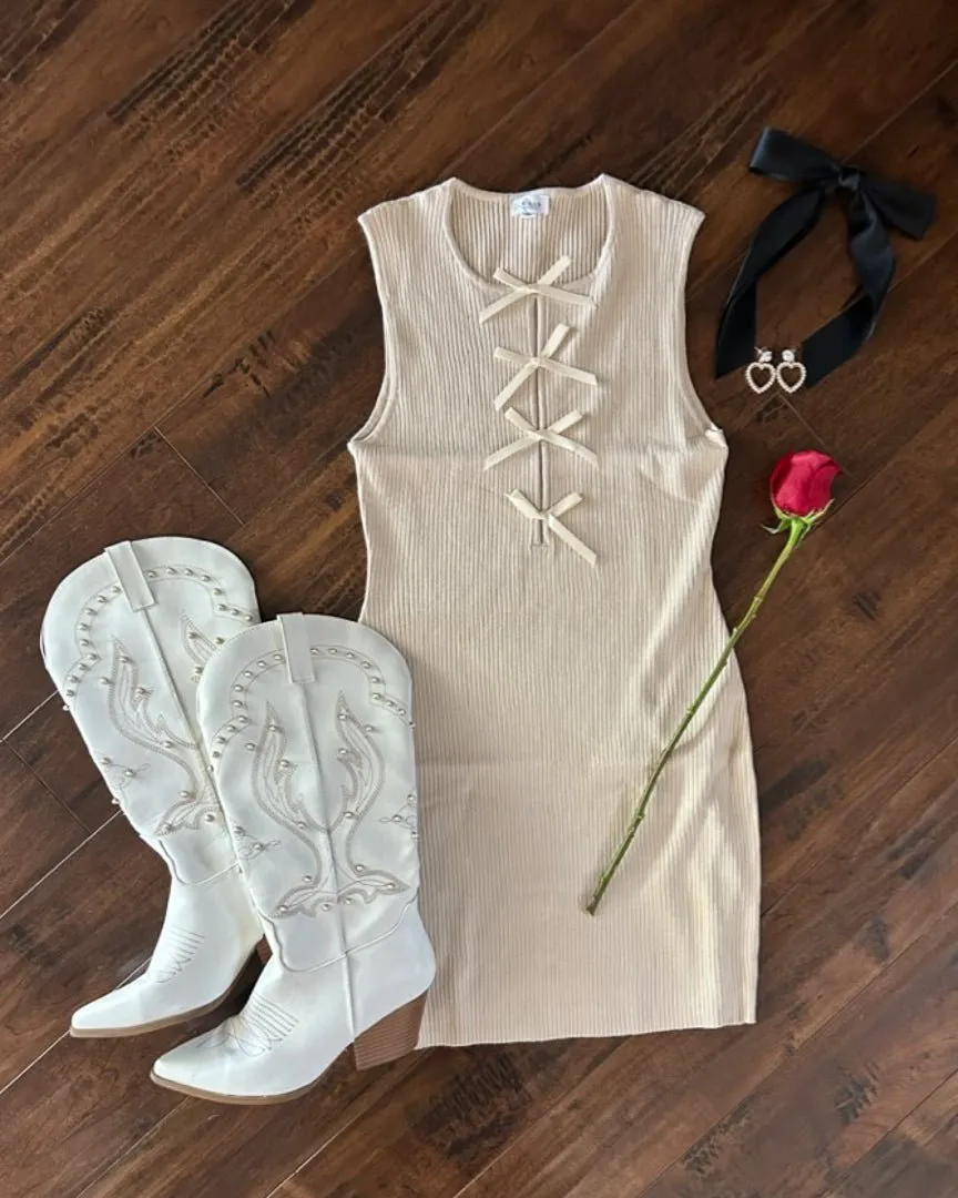 Beige Coquette Ribbed Knit Bow Detail Sleeveless Bodycon Dress