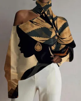 Black Art Colorblock Line Hollow High Neck Ladies Top