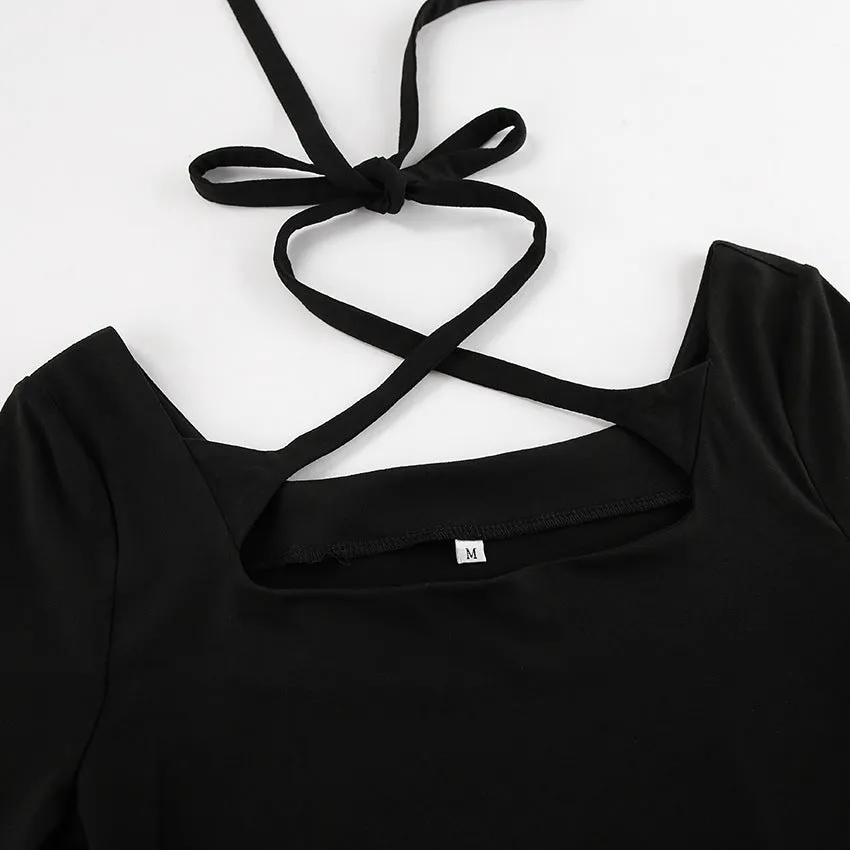 Black Sexy Slim Fit Knitted Square Collar Lace up Dress