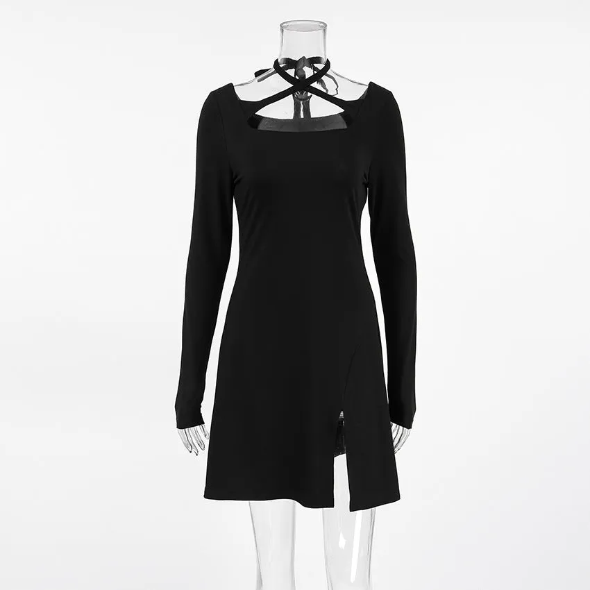 Black Sexy Slim Fit Knitted Square Collar Lace up Dress