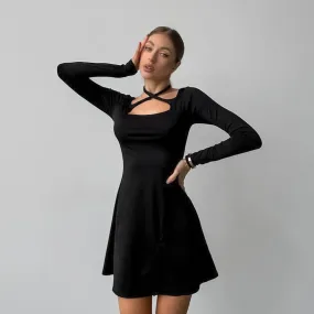 Black Sexy Slim Fit Knitted Square Collar Lace up Dress