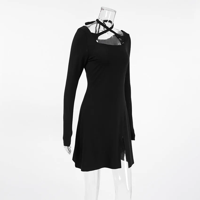 Black Sexy Slim Fit Knitted Square Collar Lace up Dress