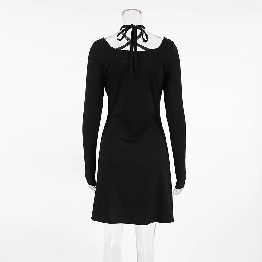 Black Sexy Slim Fit Knitted Square Collar Lace up Dress