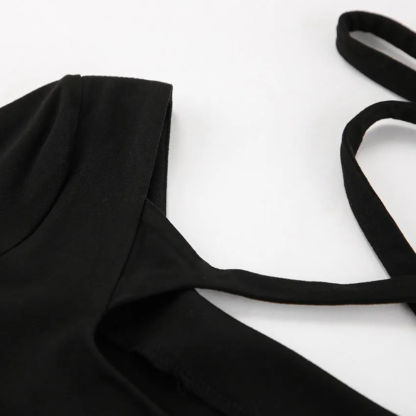 Black Sexy Slim Fit Knitted Square Collar Lace up Dress