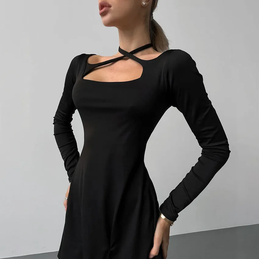 Black Sexy Slim Fit Knitted Square Collar Lace up Dress