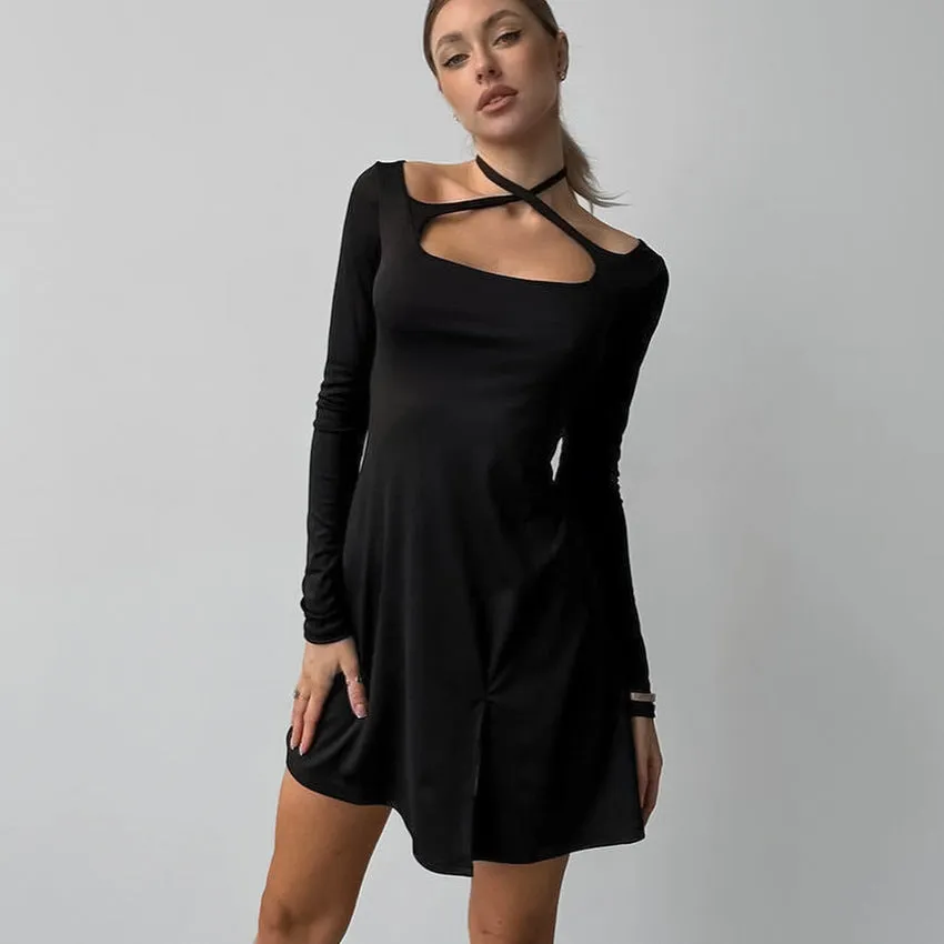 Black Sexy Slim Fit Knitted Square Collar Lace up Dress