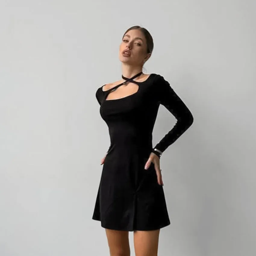 Black Sexy Slim Fit Knitted Square Collar Lace up Dress