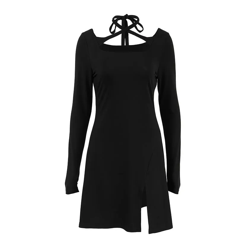 Black Sexy Slim Fit Knitted Square Collar Lace up Dress