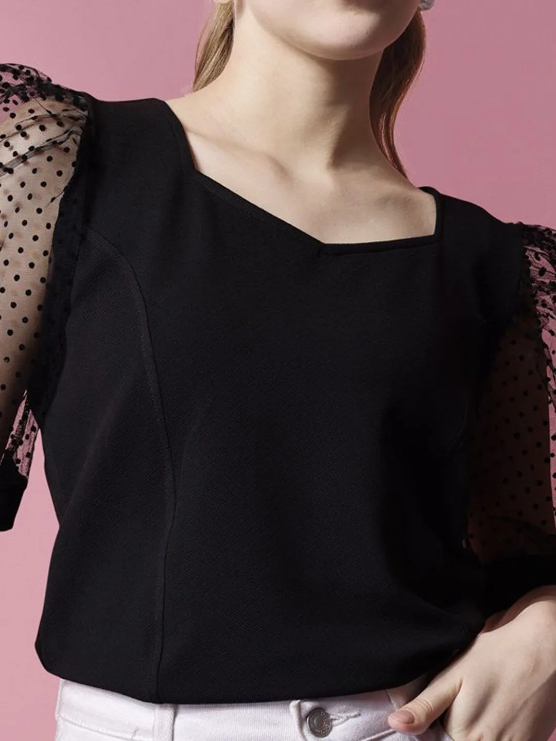Black solid Sweetheart Neck Top