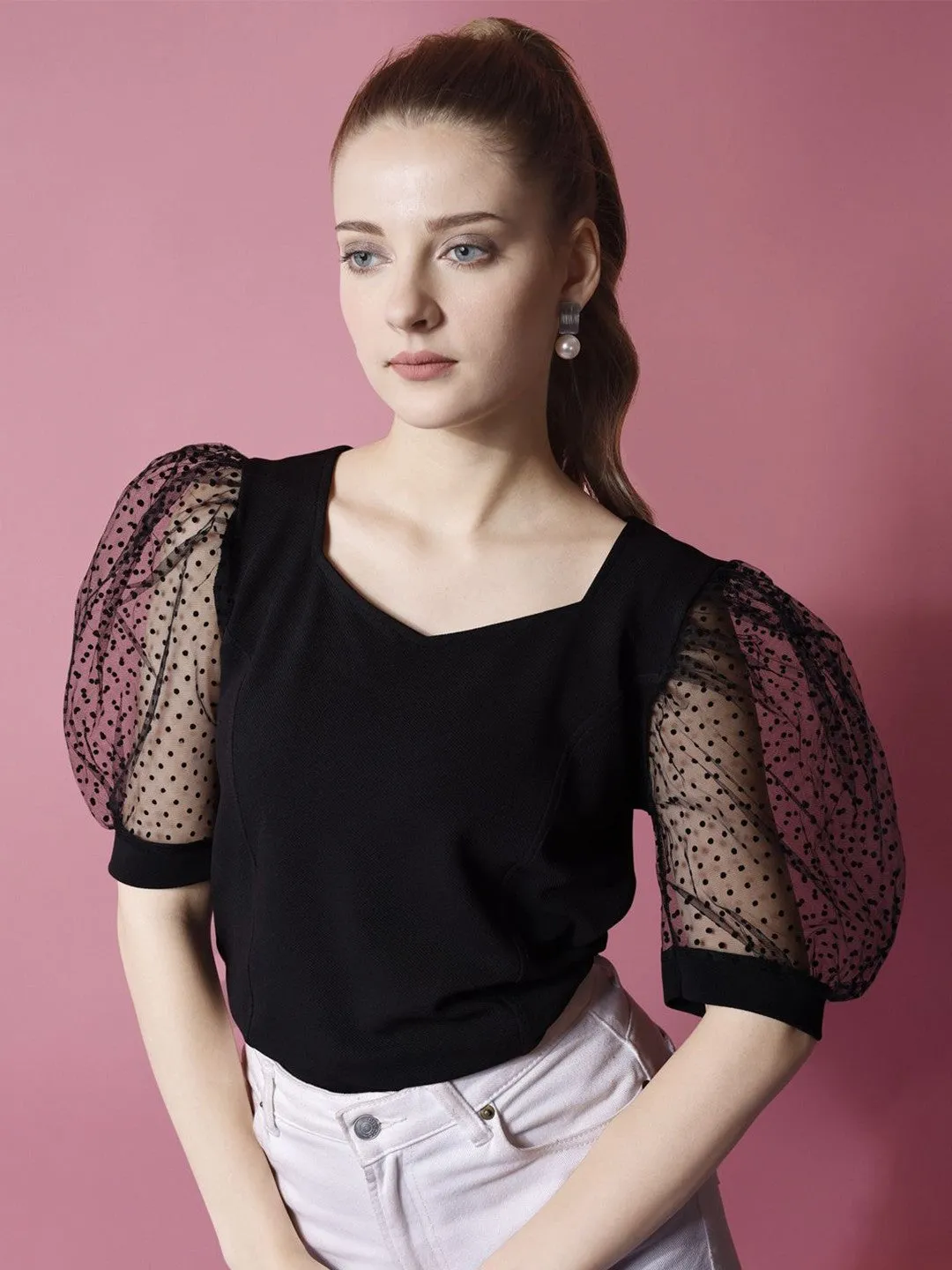 Black solid Sweetheart Neck Top