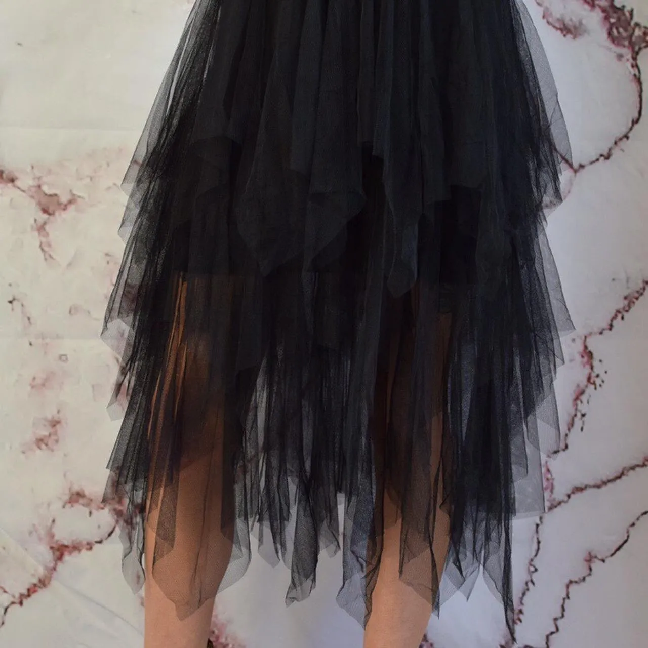Black Tiered Mesh Midi Maxi Skirt