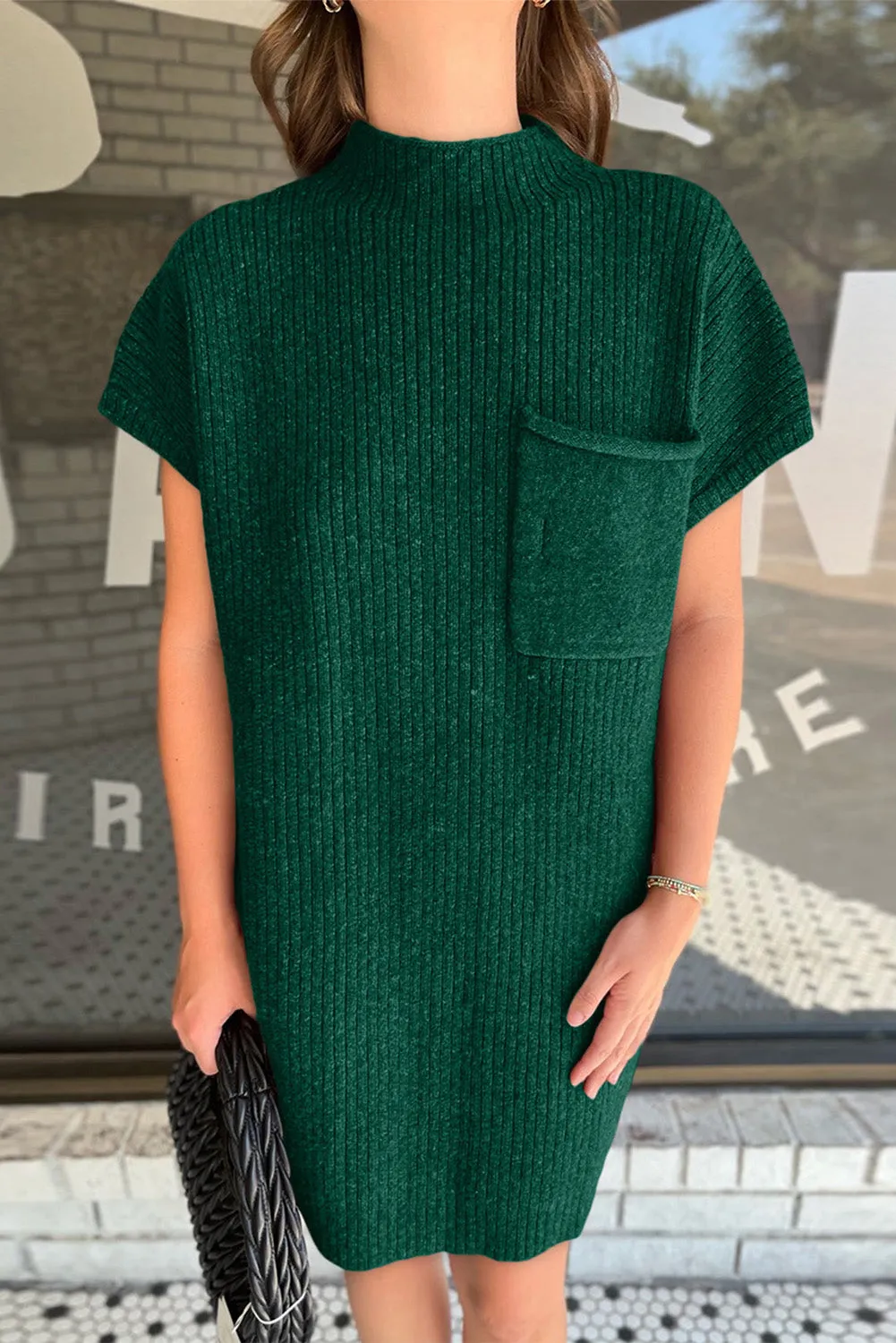 Blackish Green Ruby Patch Pocket Ribbed Knit Short Sleeve Sweater Dress
