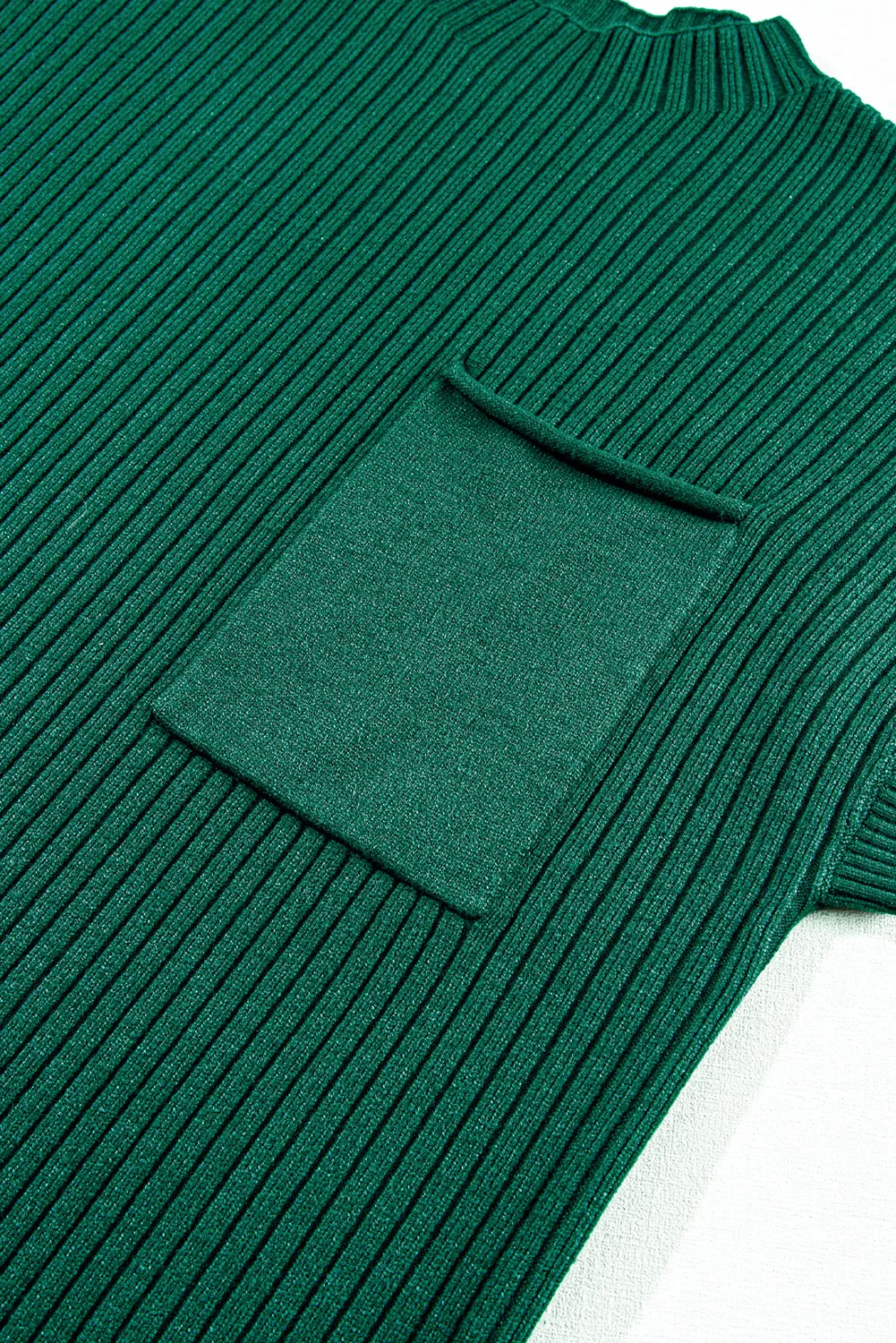 Blackish Green Ruby Patch Pocket Ribbed Knit Short Sleeve Sweater Dress