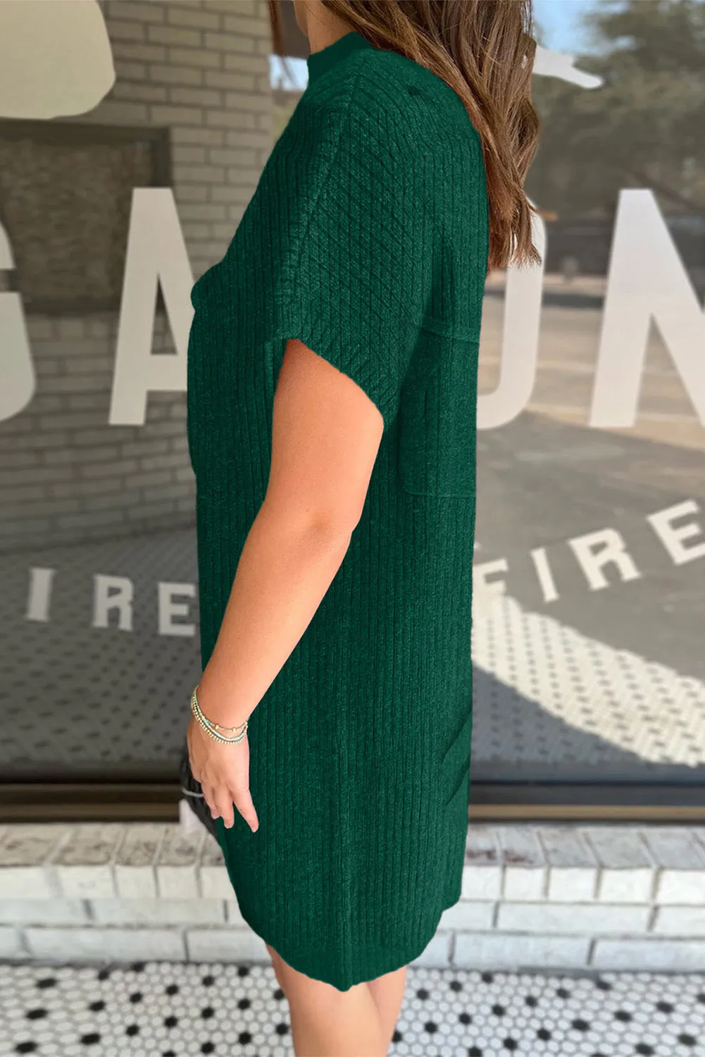 Blackish Green Ruby Patch Pocket Ribbed Knit Short Sleeve Sweater Dress