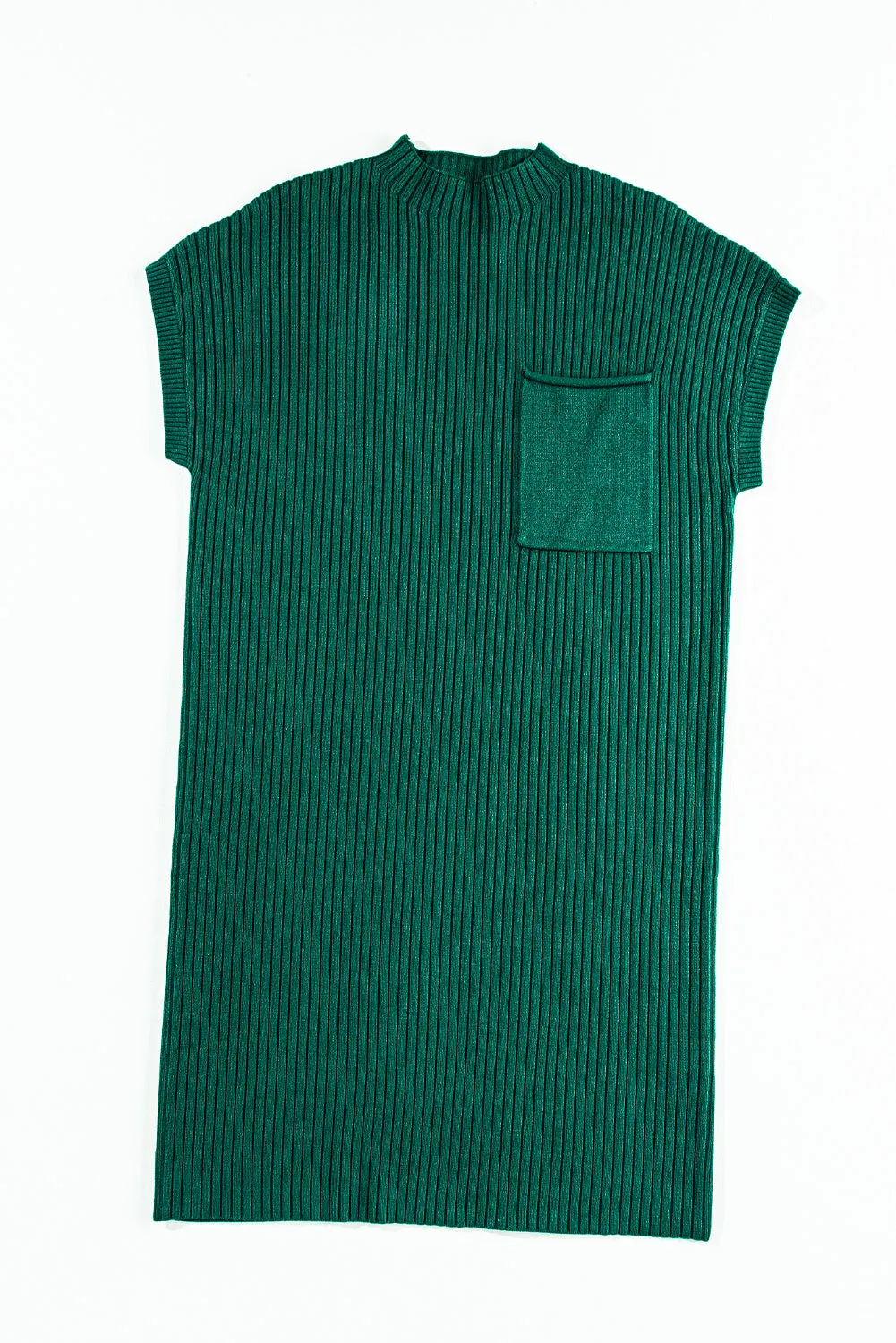 Blackish Green Ruby Patch Pocket Ribbed Knit Short Sleeve Sweater Dress