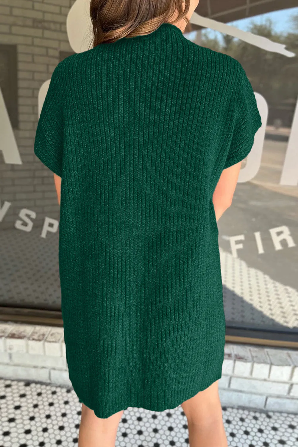 Blackish Green Ruby Patch Pocket Ribbed Knit Short Sleeve Sweater Dress