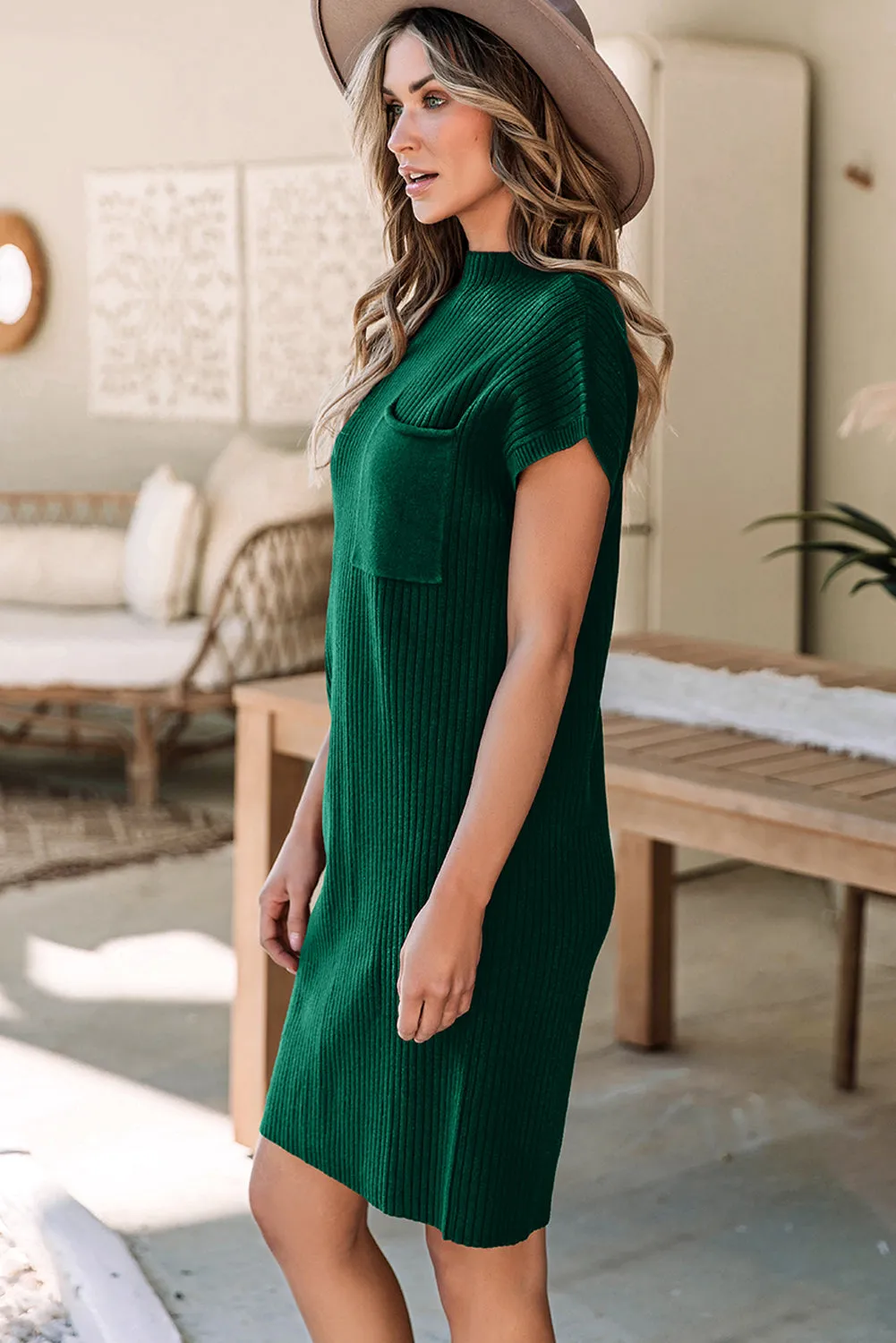 Blackish Green Ruby Patch Pocket Ribbed Knit Short Sleeve Sweater Dress