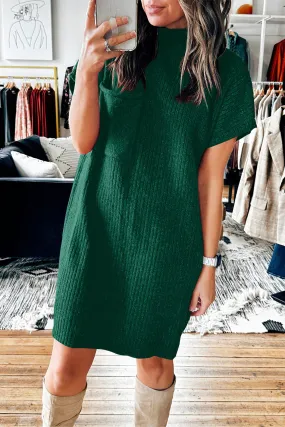 Blackish Green Ruby Patch Pocket Ribbed Knit Short Sleeve Sweater Dress