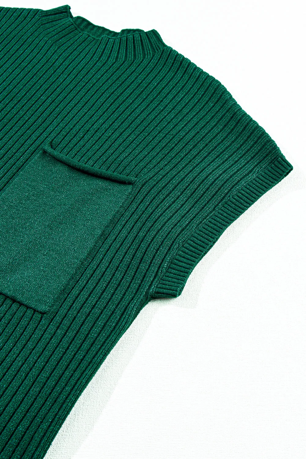 Blackish Green Ruby Patch Pocket Ribbed Knit Short Sleeve Sweater Dress