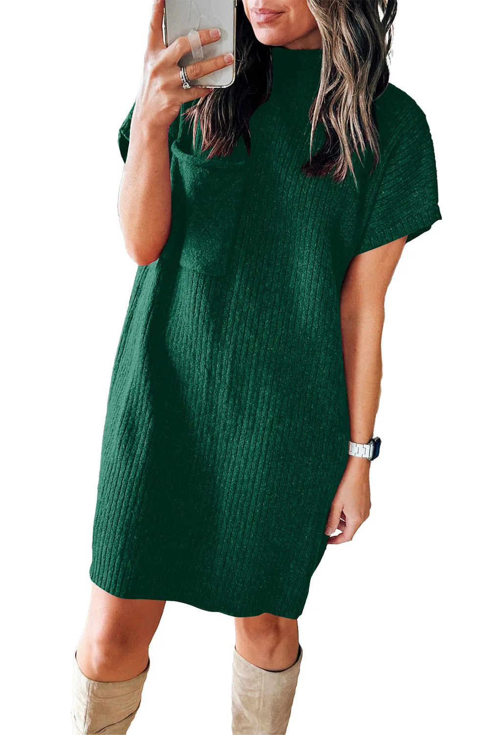 Blackish Green Ruby Patch Pocket Ribbed Knit Short Sleeve Sweater Dress