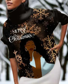 Brown Girl Merry Christmas High Neck Long Sleeve Top