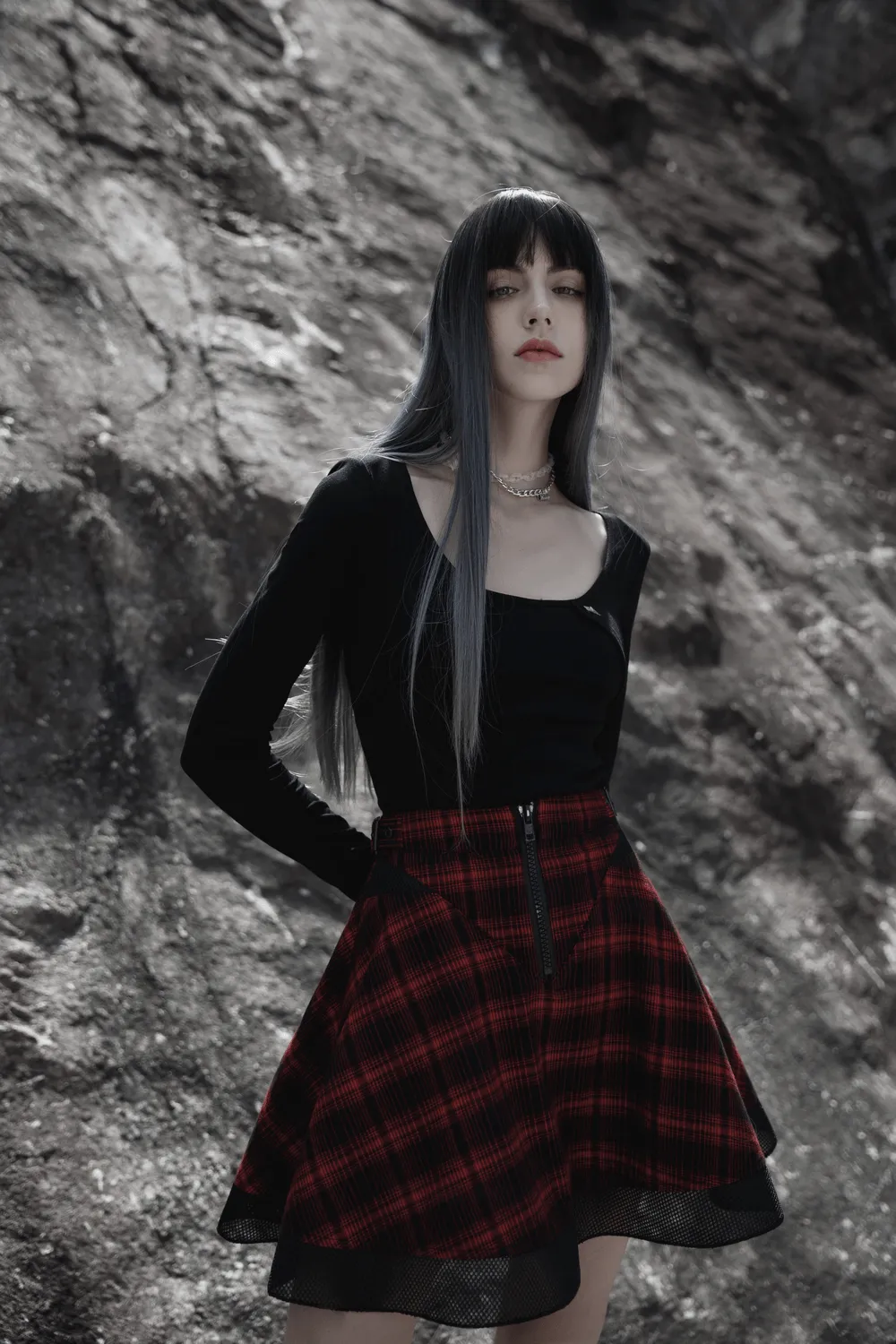 Chic Plaid Mesh Stitch Skirt with Sun-Hem Detail