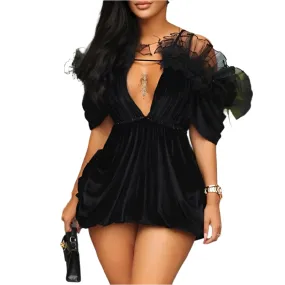 Cold Shoulder Mesh Ruffle Ruched Backless Cutout Half Sleeve Bodycon Party Dress for Women