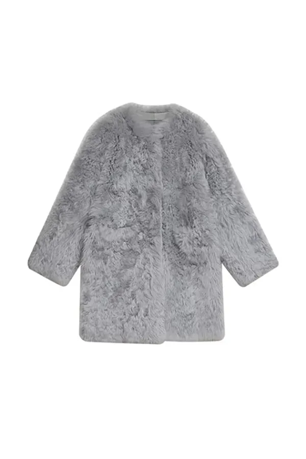 Collarless Mid-length Lambskin Lined Toscana Shearling Coat