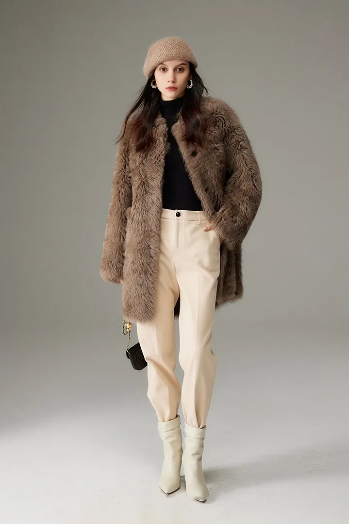 Collarless Mid-length Lambskin Lined Toscana Shearling Coat