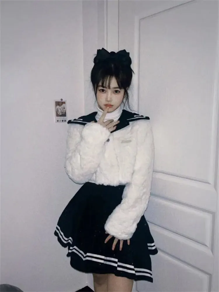 College Style Sailor Collar Two-Piece Suit for Women - Plush Patchwork Coat & Pleated Skirt