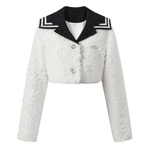 College Style Sailor Collar Two-Piece Suit for Women - Plush Patchwork Coat & Pleated Skirt