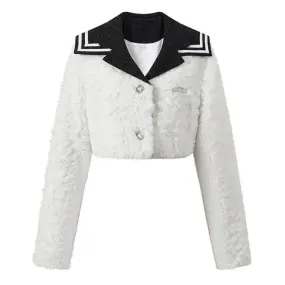College Style Sailor Collar Two-Piece Suit for Women - Plush Patchwork Coat & Pleated Skirt